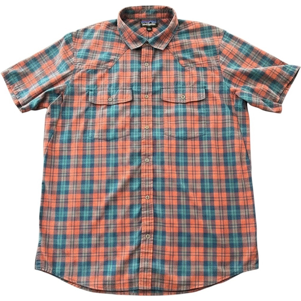 Patagonia Mens Large Short Sleeve Plaid Western Snap Button Down Shirt Orange